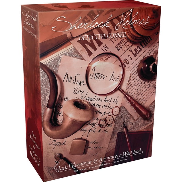 SH - Boîte de Jeu de Société JACK l'Éventreur et Aventures du WEST END Présentant une Scène de Détective vintage avec une Loupe, une pipe Qui Fume, des Indices Manuscrits et des Vieux Journaux, Représentant le Jeu de Détective Classique et Coopératif dans l'Univers Sherlock Holmes.