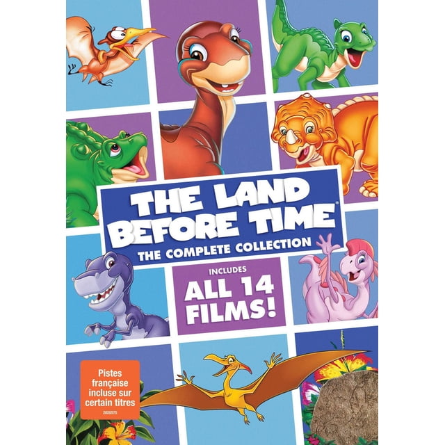 The Land Before Time : la Collection Complète de Couverture DVD Mettant en Vedette des illustrations Vibrantes de Littlefoot, Cera, Spike, Ducky, Petrie et Chomper. Comprend les 14 Aventures Animées avec des Chansons à Chanter, des Jeux et des Activités. une Collection Familiale par Universal Studios Home Entertainment.