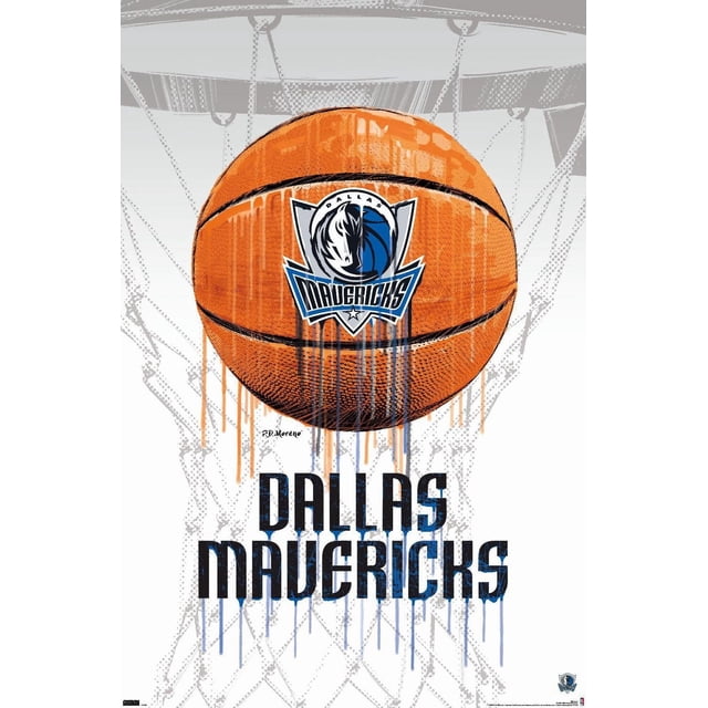 NBA Dallas Mavericks - Affiche Murale Drip Basketball 21, 22,375 Po x 34 Po Mettant en Vedette un Basketball orange Centré avec le logo des Dallas Mavericks, Peinture Bleu et orange Goutte à Goutte, sur Fond de Filet de Basketball Gris Stylisé. Le Texte « Dallas Mavericks » Apparaît Ci-Dessous en style Drip Assorti. Convient à la Déco de Chambre à Thème Sportif Ou de Dortoir.