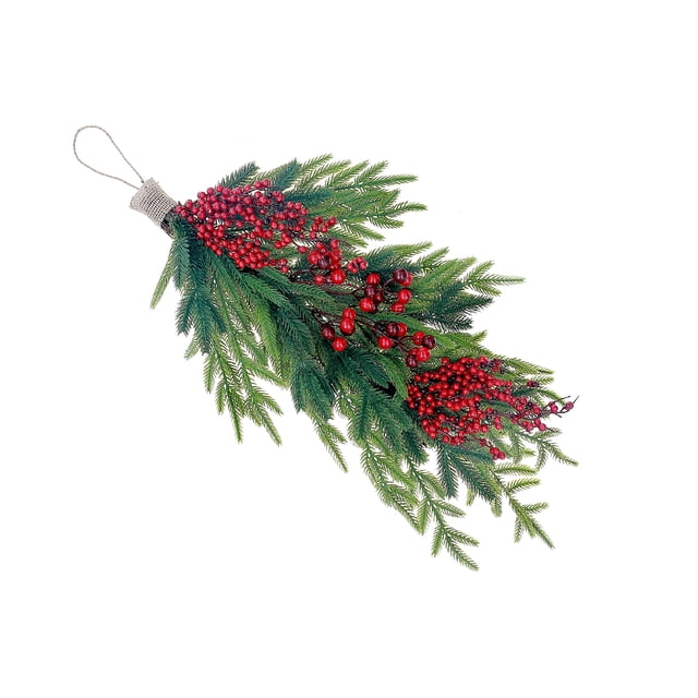 Pine and Berries Door Hanger featuring lifelike green pine branches and bright red berry clusters, crafted from durable plastic with a jute hanging loop, measuring 23.6 by 9.5 by 3.5 inches, suitable for doors, walls, or mantels to add festive holiday décor.