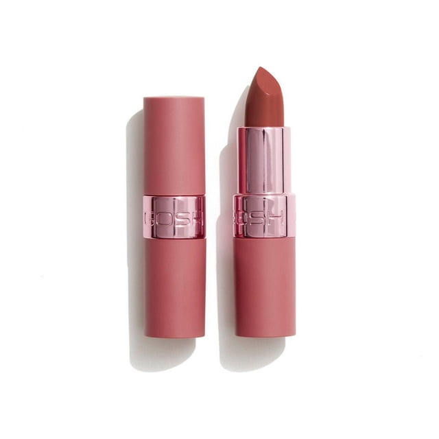 GOSH - Luxury Rose Lips - 003 Adore lipstick in muted rose pink with matte finish tube and metallic pink band embossed with GOSH, shown with cap on and off on white background, ideal for vegan, moisturizing lip care.