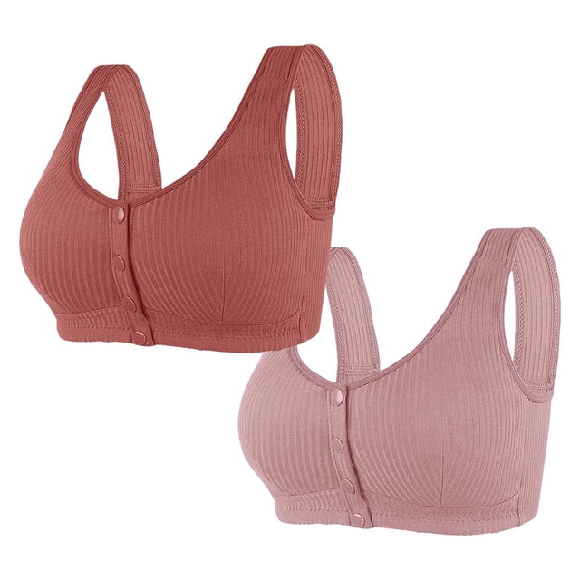 TACILIP 2 Pack Plus Size Wireless Bras Front Closure Bras for Women Front Button Push Up Bra for Old Women Soft Wirefree Seamless Bralettes with Wide Strap