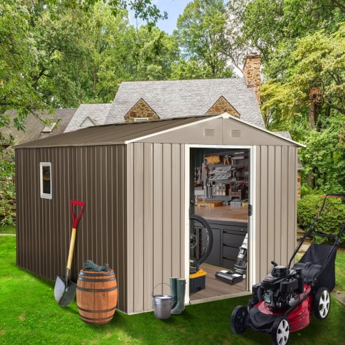 Remise de Rangement Extérieure en Métal 8 Pi x 10 Pi avec Base en Métal, avec Fenêtre, Gris