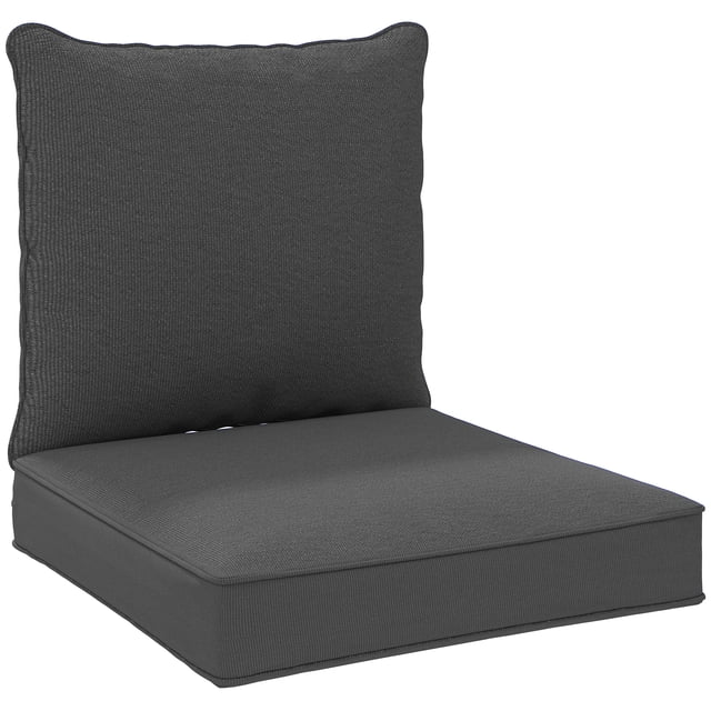 Outdoor Patio Chair Cushions Deep Seat Replacement Patio Cushions Set Grey by Outsunny. Includes a seat cushion and a back cushion in charcoal grey polyester fabric with thick foam filling. The seat cushion measures 24 inches long, 24.4 inches wide, and 4.7 inches high, while the back cushion measures 24.8 inches long, 22.4 inches wide, and 7.9 inches high. Features removable, washable covers with hidden zip fastening. Ideal for outdoor rattan sofa sets, patio decor, and deep seat furniture.