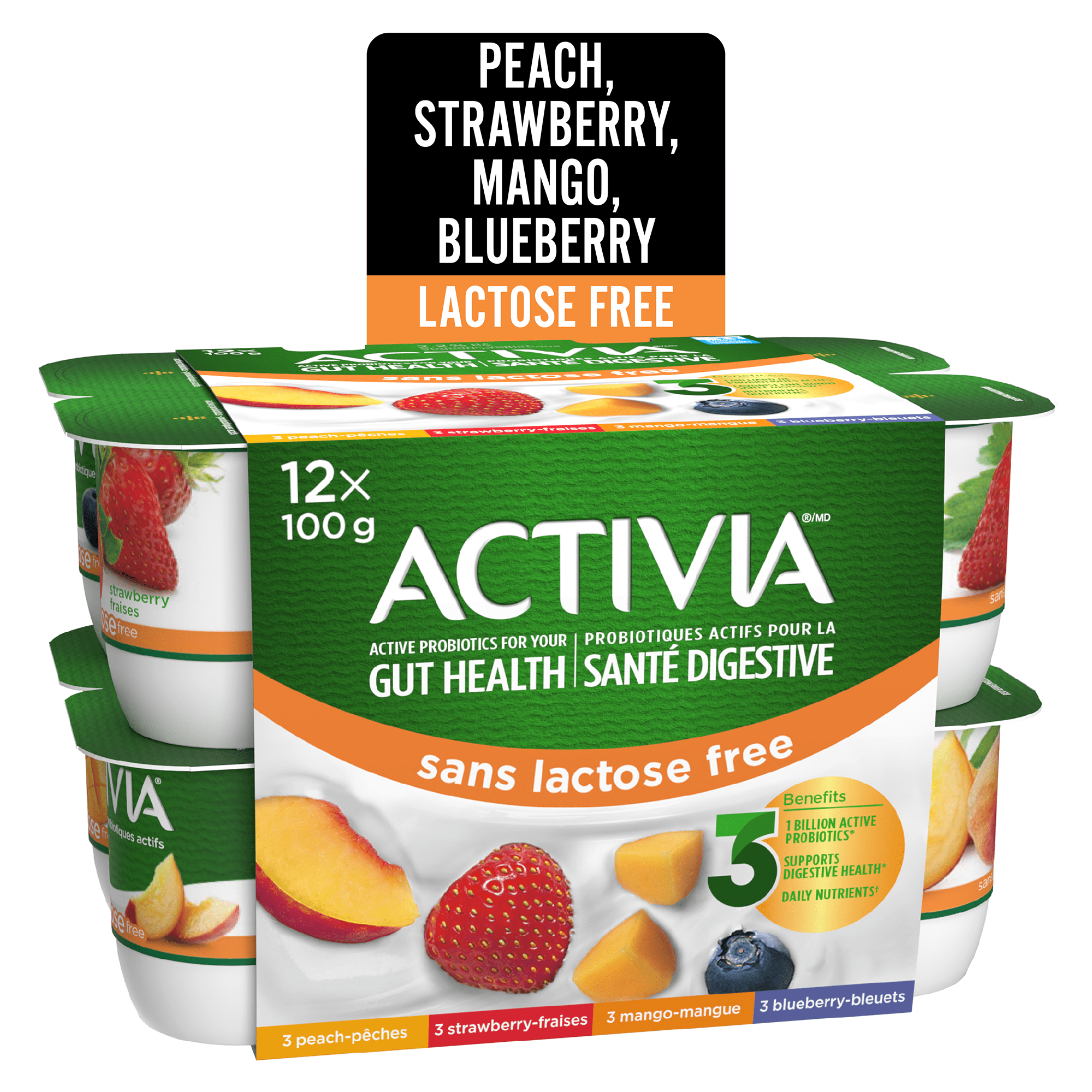 Activia Yogourt Probiotique, Sans Lactose, Fraise/bleuet/pêche/mangue, 12x100g