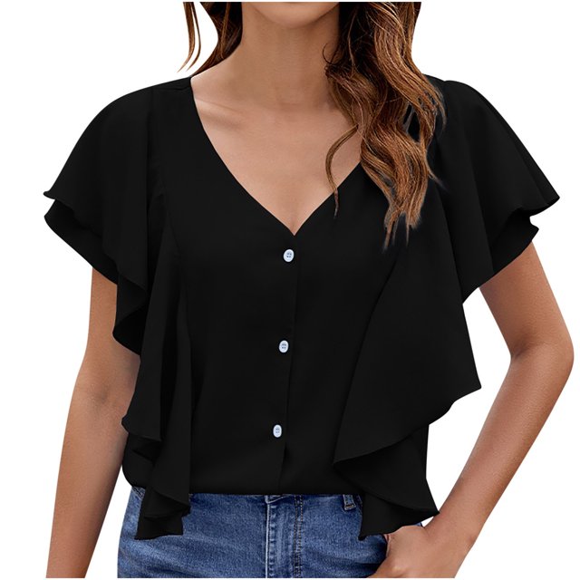 Yuyuzo Womens Button down Shirts Summer Deep V Neck Short Sleeve Blouses Ruffle Loose Fitted Flowy Tees
