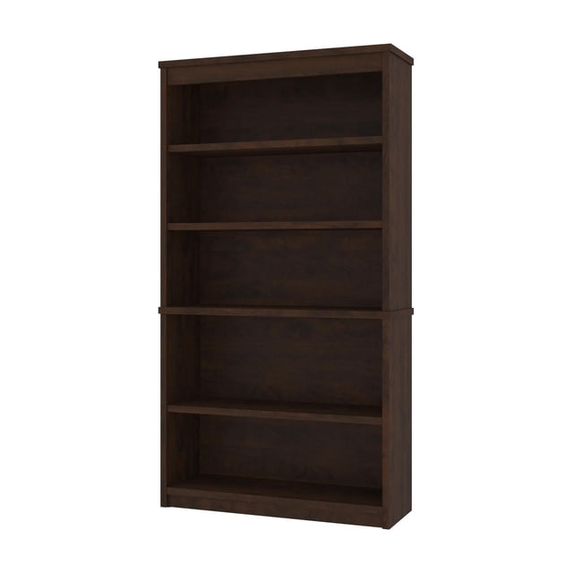 Bestar Universel 36W Bookcase in antigua with modular design featuring five shelves, three adjustable, constructed from high-density particle board in dark wood finish, suitable for office furniture and bookshelves, shown in a front 3/4 view on white background, also ideal for organizing files or display items.