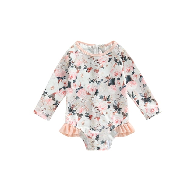 Fortune Toddler Baby Girl One Piece Swimsuit Long Sleeve Flower Swimwear Girls Rash Guard