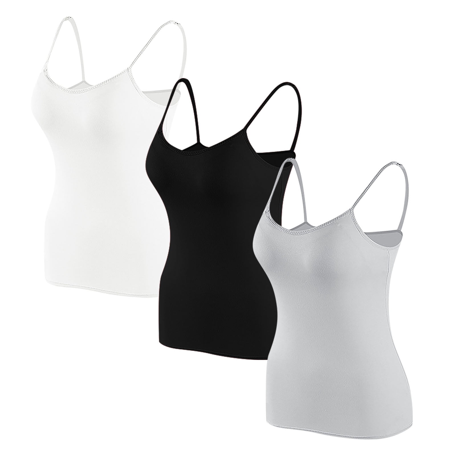Timegard Camisoles pour Femmes 3 Pcs avec Soutien-Gorge Intégré Col Rond Bretelles Spaghetti Ajustées Douces Maillots de Corps Décontractés Hauts de Pyjama