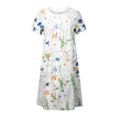 thumbnail image 3 of QJUHUNG Midi pour Femmes Été Décontracté Ample Bohème à Imprimé Floral Col Ras du Cou Manches Courtes Longueur Genou Robe Froncée avec Poches, 3 of 4