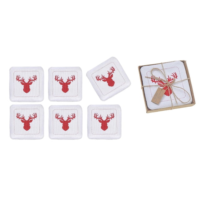 6 Pc Square Printed Coaster Deer set with six white cotton square coasters each featuring a centered red deer head print, measuring 4 by 4 inches, shown flat with one tilted and a tied stack in a brown box, ideal for protecting dining and coffee tables from scratches and spills.