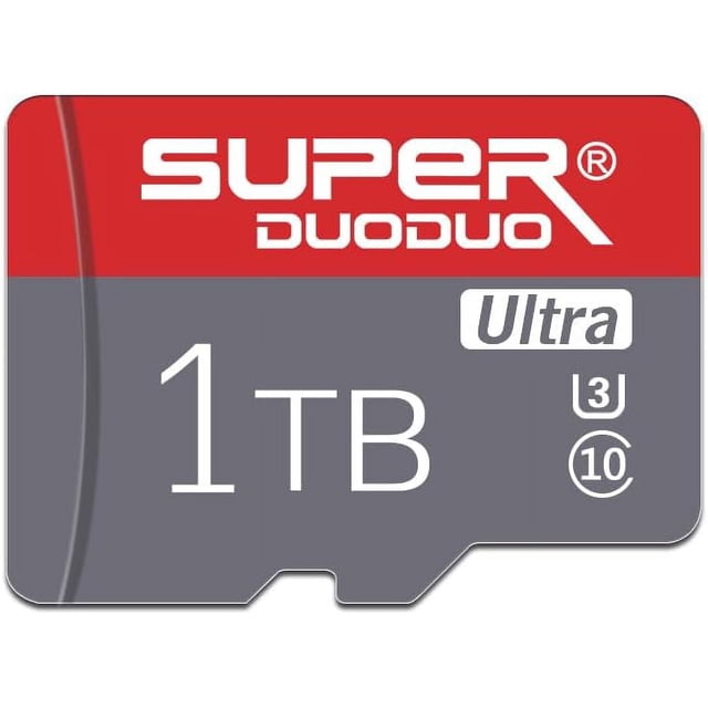 1T Micro Secure Digital Flash Memory Card with UHS-I, Class 10, U3, V30 specifications, featuring 1024GB storage capacity. Ideal for 4K video recording, full HD applications, and secure storage of photos, videos, and files. Compatible with smartphones, cameras, computers, gaming devices, and other Android devices. Compact design with dimensions of 12x10x2 millimeters and a weight of 10 grams.