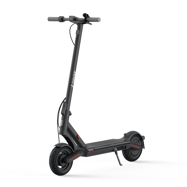 NAVEE S65C electric scooter in black, featuring a sleek design with 10-inch self-sealing tubeless tires, an 800W direct-drive motor, and dual braking systems. The scooter includes advanced front and rear swing-arm suspension, a built-in LED display, and a smart app for control. It offers a maximum speed of 20 mph and a range of up to 40 miles. Additional features include a 2.5W front light, 1.8W rear light, and IP55 water resistance.