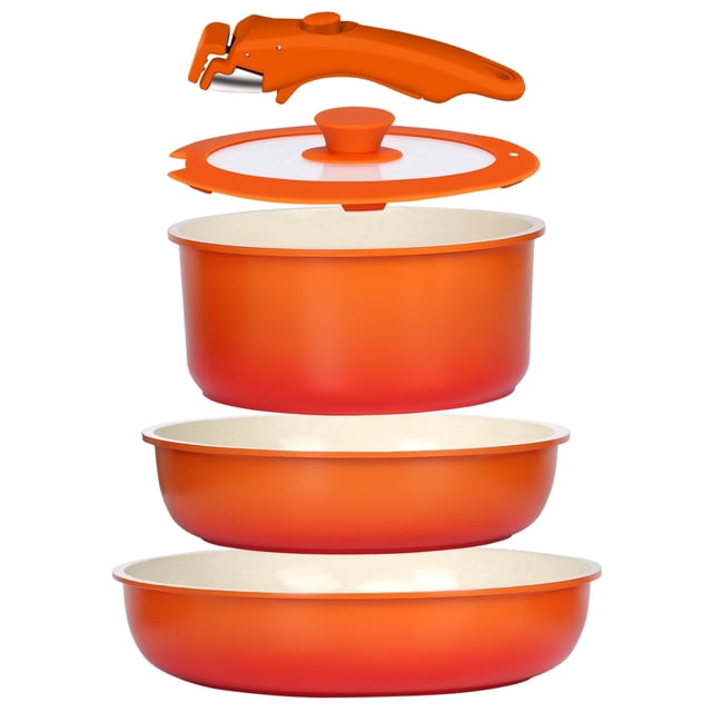 GIPP 5pcs Pots and Pans Set Non Stick,Cookware Sets with Removable Handle, Oven & Dishwasher Safe,Induction Cookware,Kitchen Cooking Set,Orange Gradient