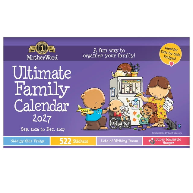 2027 Motherword Magnetic Fridge Wall Calendar, English 16-month medium family planner with full-colour monthly pages, large writing boxes, super-strong magnetic bar for side-by-side fridge display, 522 Little Reminder stickers, Scott Lucescu illustrations; also suitable for meal planning or chore charts.