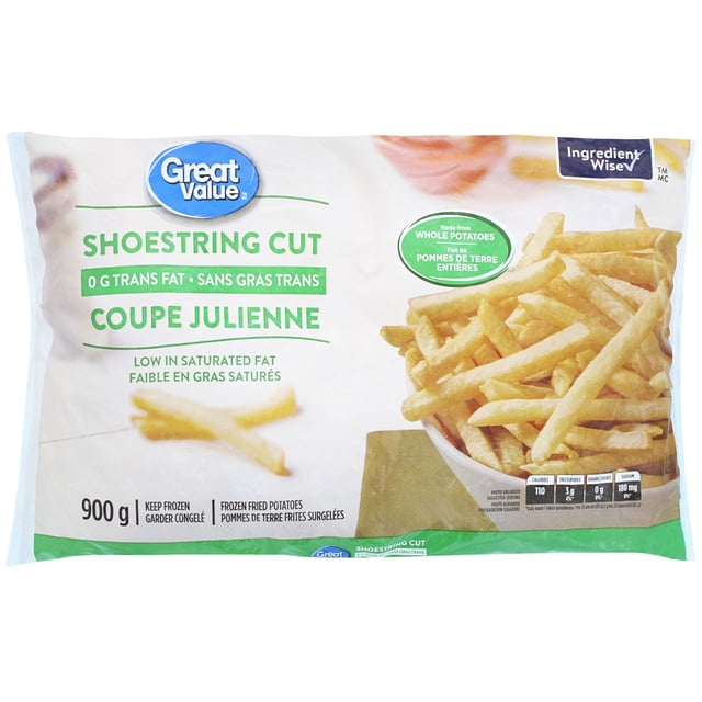 Great Value Shoestring Cut Frozen Fried Potatoes 900 g bag showing julienne cut fries made from whole potatoes, low in saturated fat and 0 g trans fat, with nutrition facts and bilingual English-French text on white packaging.