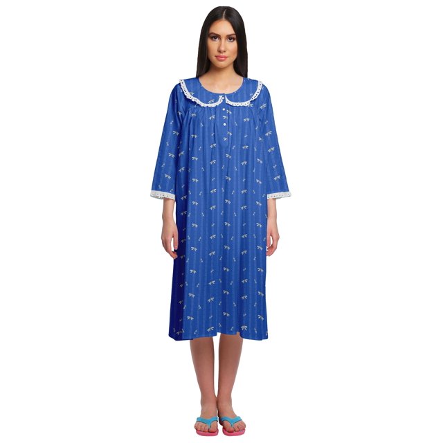 Moomaya Chemise de Nuit en Coton pour Femmes Imprimée à Col Rond avec Patte de Boutonnage