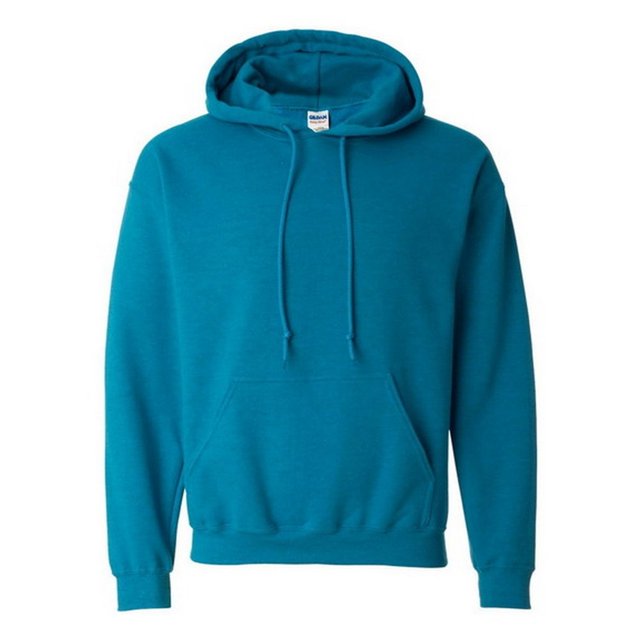 Gildan Heavy Blend Adult Hooded Sweatshirt / Hoodie in a plain teal design. Made from 50% cotton and 50% polyester with a midweight fleece fabric weighing 280gsm. Features a double-layer hood with drawstrings, a kangaroo pocket, ribbed elasticated cuffs and hem, and a relaxed fit. Certified Oeko-Tex Standard 100 and Sedex for sustainability.