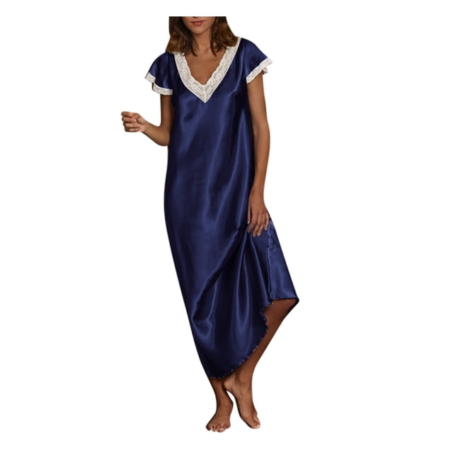 Drppepioner Pyjama d'Intérieur pour Femmes à Manches Courtes, Col en V, Longue Robe de Nuit, Tenue de Sommeil