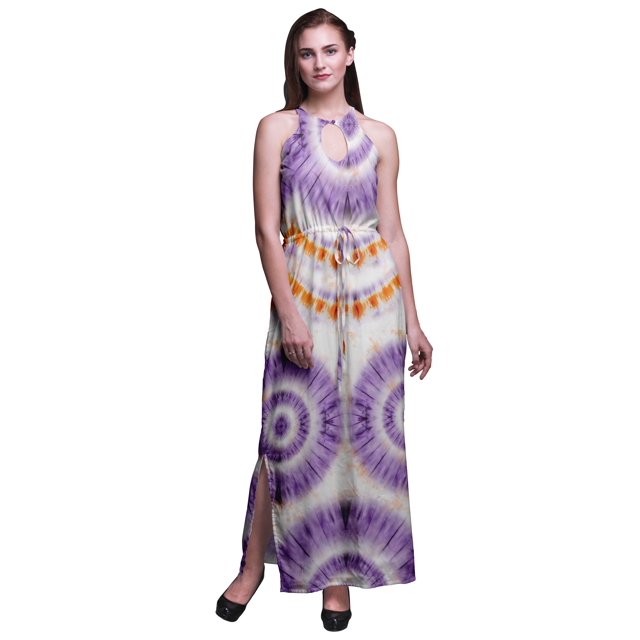 Bimba Robe Longue de Soirée pour Femmes Teinture sur Nœuds Imprimée à Col Ras du Cou avec Fentes Latérales et Dos Nu - Grand