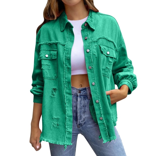 SHIXIAOO Women's Ripped Oversized Denim Jacket Casual Long Boyfriend Distressed Denim Jacket Womens Jackets Fall Casual Button down Button Jean Womens Summer Jackets Denim Jacket Lightweight Fringe