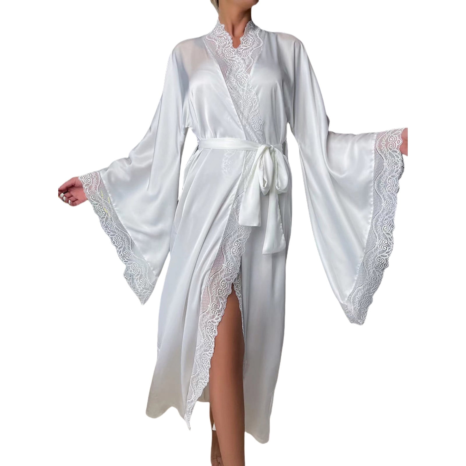 Fasesh Women's Robes Bride Long Satin Kimonos Bathrobe Lace Patchwork Bridesmaid Wedding Party Sleepwear Nightgowns White S