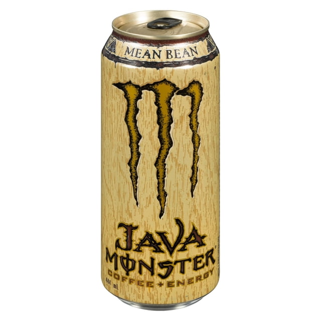 MONSTER ENERGY Java Mean Bean 444mL can with beige woodgrain texture, black and gold Monster claw logo, 'Mean Bean' text near the top, and 'Java Monster Coffee + Energy' branding, a coffee energy drink combining premium coffee and energy blend.