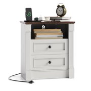 BeesClover 23.6" Wide Farmhouse Nightstand with Charging Station and 2 Drawers, Rustic Wood Bedside Table with Roman Column Design, End Table for Bedroom Living Room