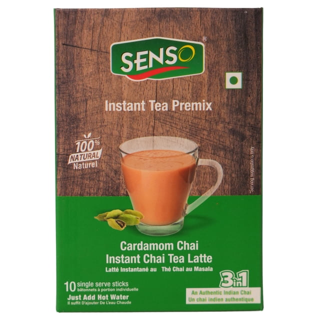 Senso Cardamom Instant Chai Tea Latte box containing 10 single serve sticks, showing a glass cup of creamy chai latte and cardamom pods, marked 100% natural with instructions to just add hot water for an authentic Indian black tea chai experience.