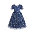thumbnail image 1 of Girls Dress Blue Sequin Ruffle Collar Maxi Bow Tie Flare Short Sleeve 6 Years, 1 of 6