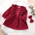 thumbnail image 4 of Toddler Baby Girl Fall Spring Dress Corduroy High-Waist Ruffle Buttons Princess Dress With Bow Headband, 4 of 7
