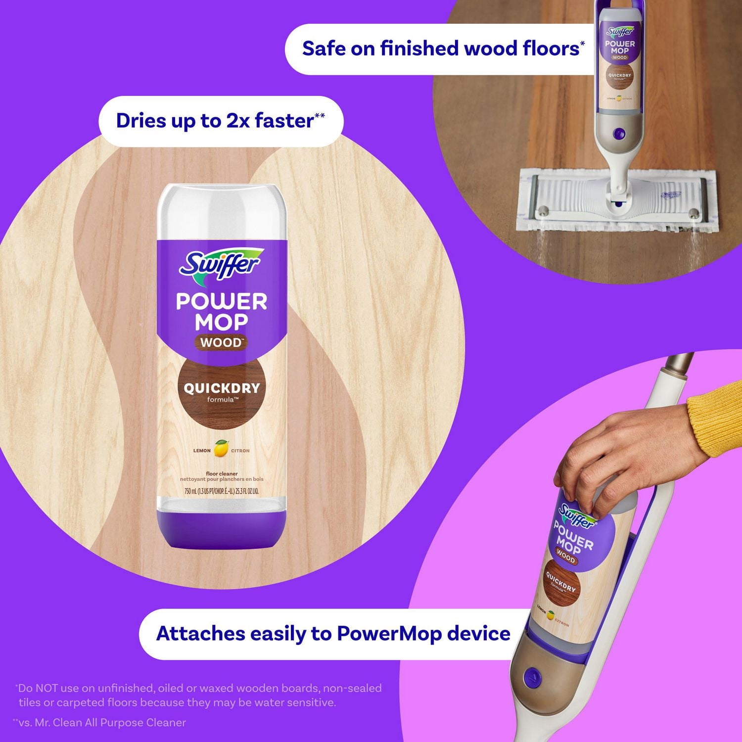 Swiffer Power Mop Solution de Recharge pour Bois, Nettoyant pour Planchers de Bois Franc à Séchage Rapide, Parfum de Citron, 750 ml