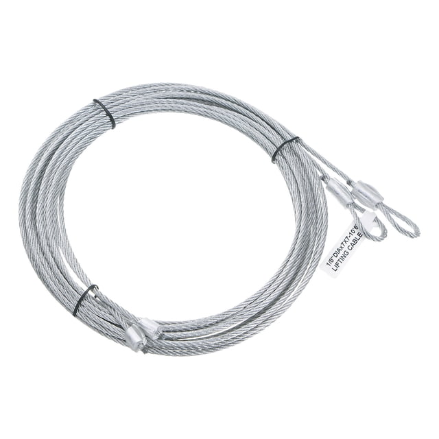 Unique Bargains 2 Packs 10.6ft 3.0M Garage Door Cable with 3mm diameter, made of galvanized steel. The silver-tone cables are coiled and feature looped ends for easy installation. Designed for torsion spring systems, they ensure smooth and reliable operation for garage doors.