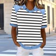thumbnail image 2 of Dazajoo T-Shirts Gaufrés à Manches Courtes pour Femmes, Décontractés, en Denim, à Col à Revers, Chandails à Enfiler, Imprimé à Rayures, Col Rond, T-Shirts Graphiques, Blanc, m, 2 of 5