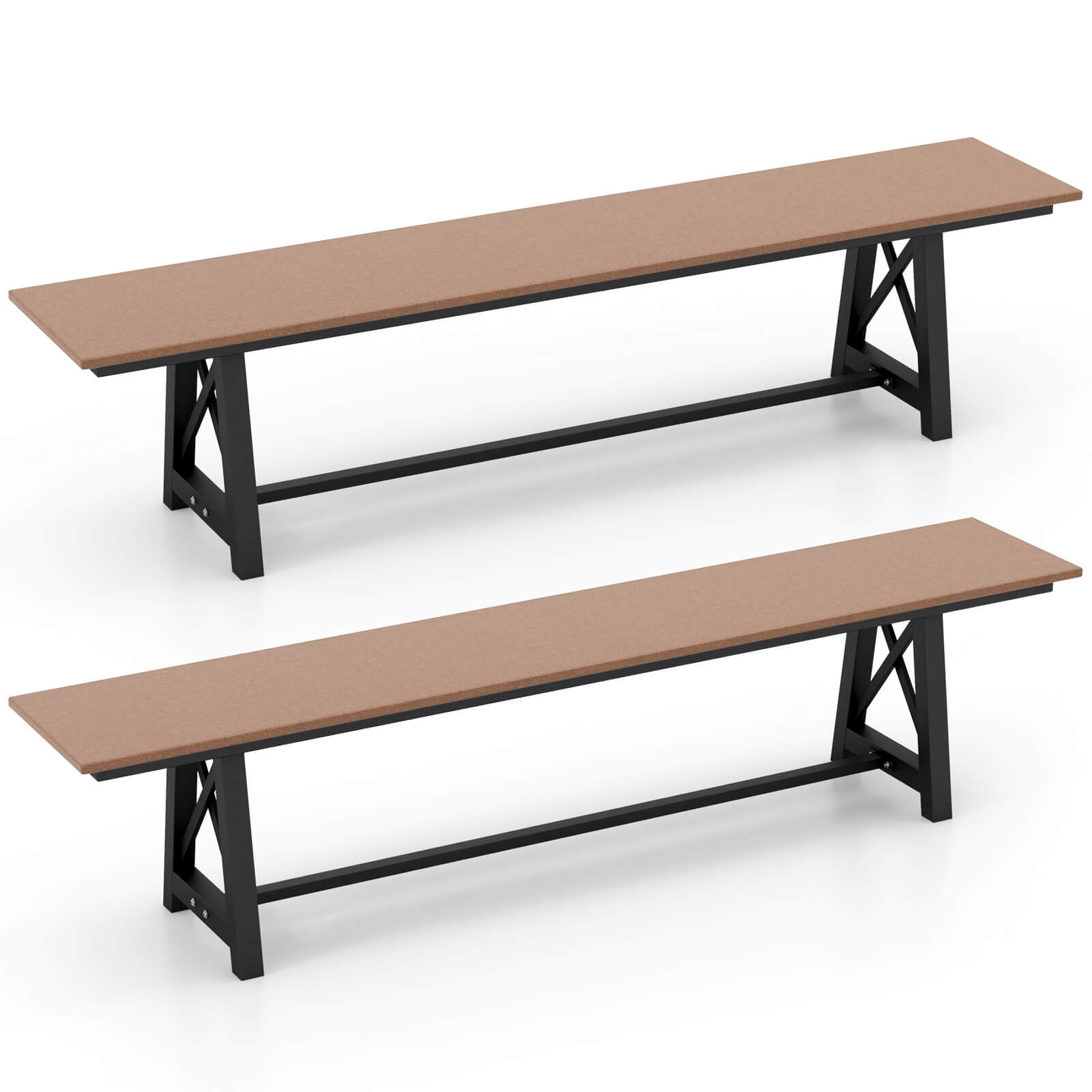 Costway 2 PCS Patio 72 " Extra Long Bench Outdoor Long Chair for 4 Weatherproof HDPE Seat Brown