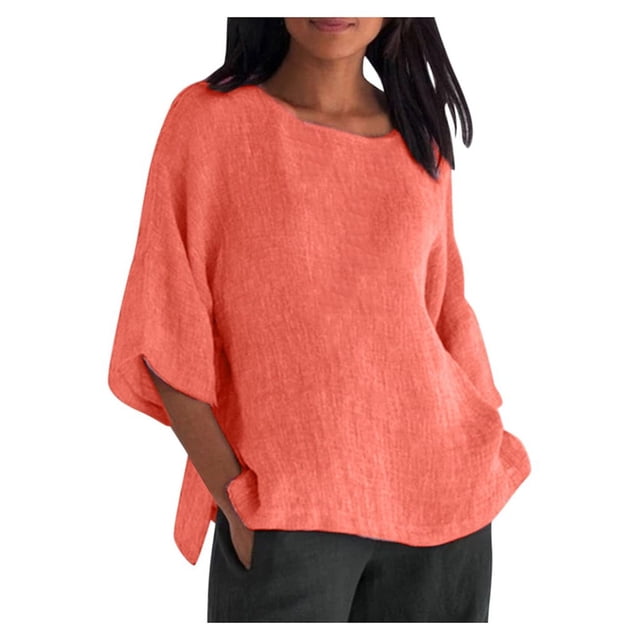 Penkiiy Chemises Décontractées en Coton et Lin pour Femmes, T-Shirts à Manches 3/4 pour Femmes à Col Rond Coupe Ample, Blouse Tunique à Fente Latérale, Hauts 5TG Rose