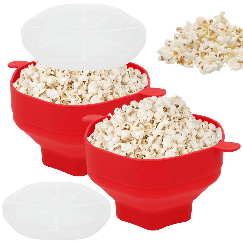 MesaSe 2 Pcs Moule à Maïs Soufflé pour Micro-Ondes Réutilisable en Silicone avec Couvercle et Poignée, Bol à Maïs Soufflé Pliable Résistant à la Chaleur, Va au Lave-Vaisselle pour la Maison et les Fêtes