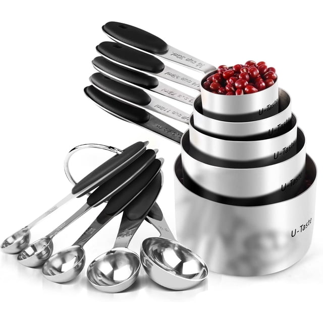 U-Taste 18/8 Stainless Steel Measuring Cups and Spoons Set: 10 Pieces Metal Stacking Kitchen Baking Cooking Food Measure Set 5 Cups 5 Spoons with Strengthened weld joints (Black)
