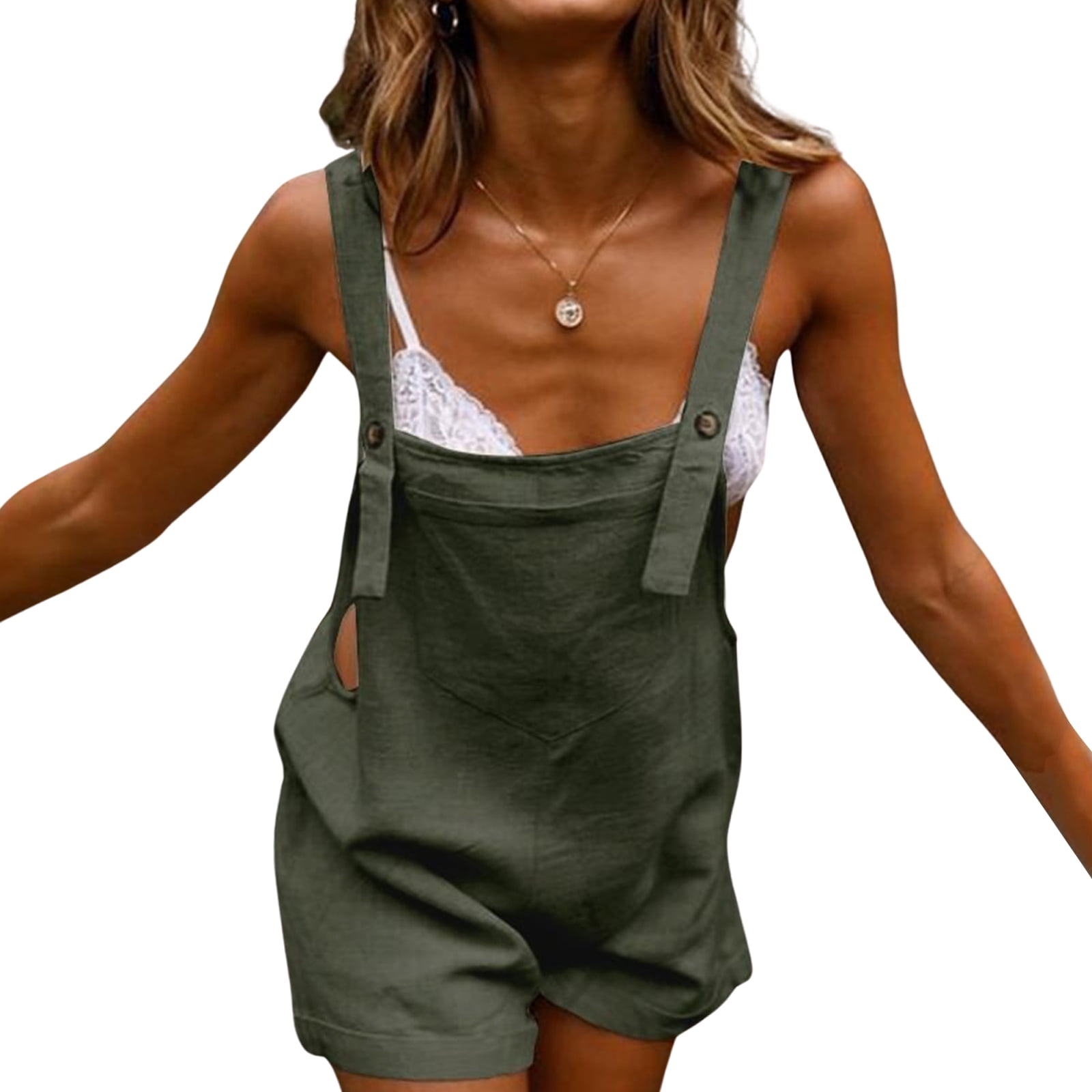Fortune Women Short Overalls Solid Color Square Collar Loose Playsuits Sleeveless Rompers