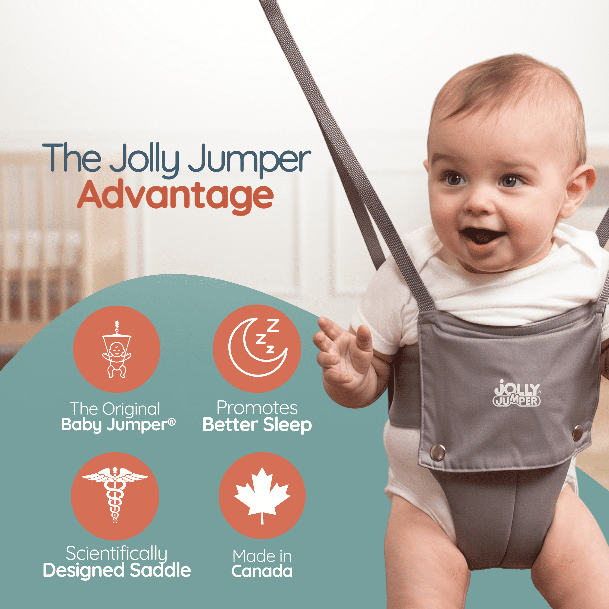 Jolly Jumper Classic with Portable Stand – Black Saddle | Indoor & Outdoor Baby Exerciser | Foldable Frame, Spring Action, Posture Support