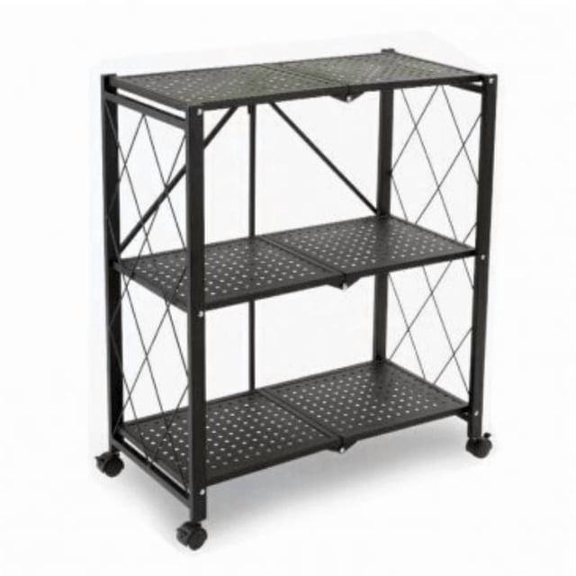 TygerClaw 3-Layer Folding Mobile Steel Shelving Unit with perforated black steel shelves and solid frame, foldable design for space-saving storage, heavy-duty locking casters for smooth mobility and stability, suitable for garage and home organization.