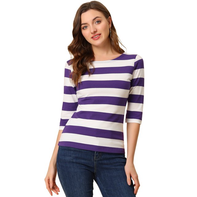 INSPIRE CHIC Chemises Rayées pour Femmes Coupe Ajustée Manches au Coude T-Shirt Col Bateau L Violet Blanc