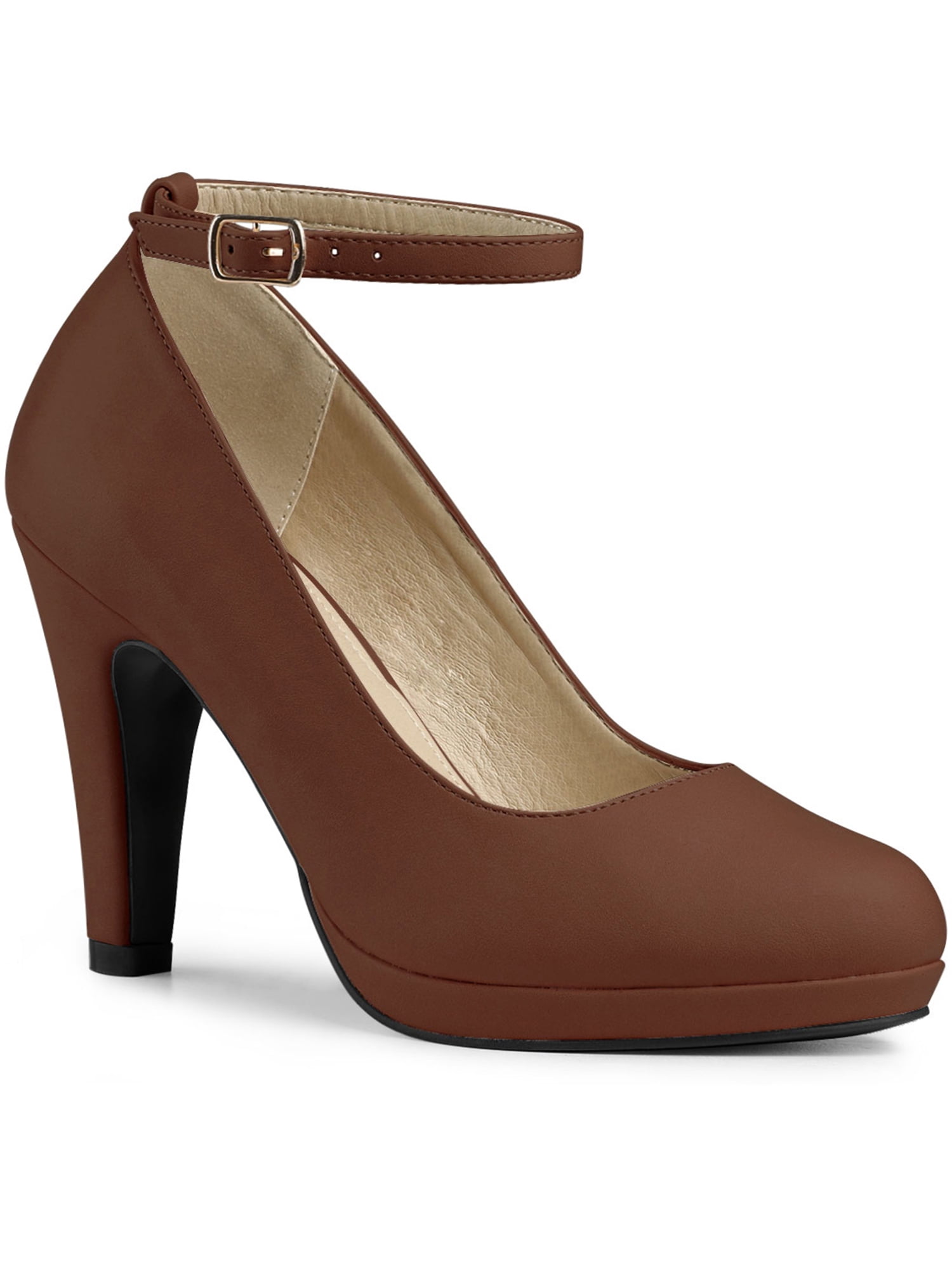 BLISSFUL STEP Chaussures pour Femmes Bout Rond Talon Aiguille Bride à la Cheville Escarpins Brun Foncé 7