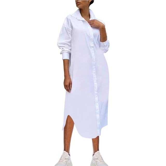 FcBaudy Robe à Manches Longues à Col Rabattu Longueur Cheville, Robes pour Femmes, Robes de Printemps pour Femmes Mode Féminine Col Rabattu Ample Coton Lin Manches Longues Ajustée Taille Haute Robe Femme Robe