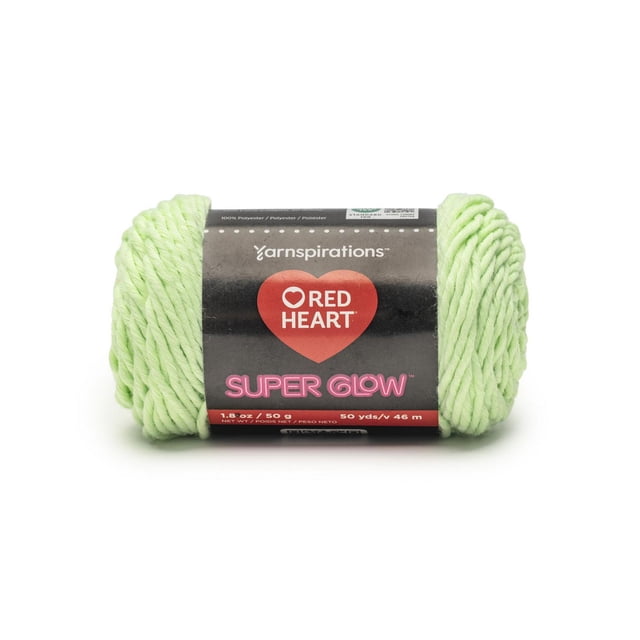 Red Heart® Super Glow™ #4 Worsted (Medium) polyester yarn in light green, 1.8oz/50g, 50 yards, with twisted texture and black label featuring Red Heart logo and pink 'Super Glow' text, suitable for glowing craft projects and accessories.