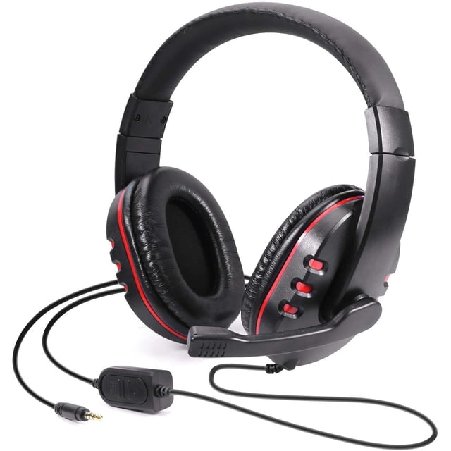 Gaming headset by Timoom featuring a 3.5mm wired connection, over-ear design, and black with red accents. Includes a noise-isolating microphone with volume control, compatible with PS4, PS5, Xbox One, PC, tablets, laptops, and smartphones. The headset has a padded headband and ear cushions made of skin-friendly leather for long-term comfort. A built-in microphone ensures clear communication, ideal for gaming, online courses, and calls.