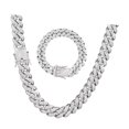 thumbnail image 2 of 2Pcs Cuban Link Chain Rhinestone Necklace Bracelet Set Gift for Lover Anniversary Birthday Silver 50CM 20CM, 2 of 12