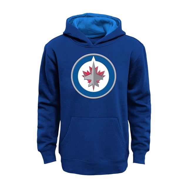 Youth Winnipeg Jets NHL Prime Basic Hoodie in a vibrant blue colour with a contrasting light blue inner hood lining. Features the Winnipeg Jets team logo screen-printed on the front chest, a kangaroo pocket, and long sleeves. Made from a 60% cotton and 40% polyester blend, this officially licensed NHL hoodie is designed for youth fans.