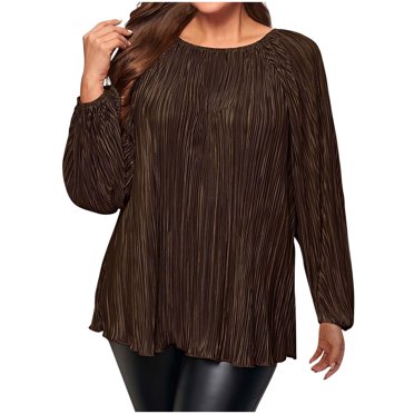 tarylea Hauts Grande Taille pour Femmes Col Rond Haut Plissé à Enfiler Tunique à Manches Longues Ample Tenue Décontractée Hauts