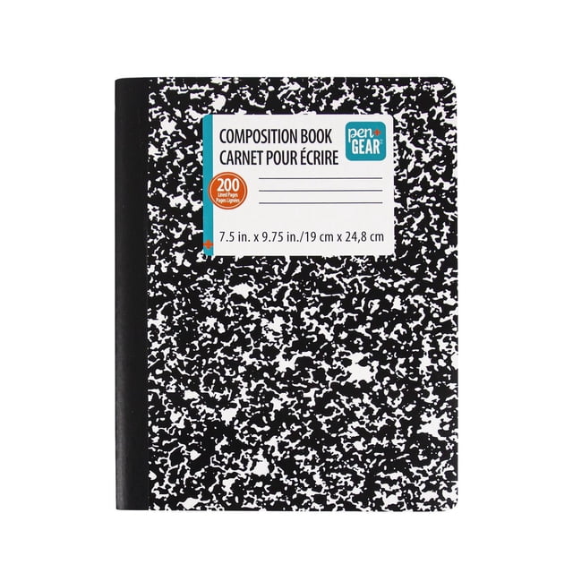 Composition notebook with black and white marbled cover and black spine, labeled 'Composition Book Carnet Pour Écrire' by Pen+Gear, 200 college-ruled lined pages, 7.5 by 9.75 inches (19 cm by 24.8 cm), suitable for note-taking and reminders.